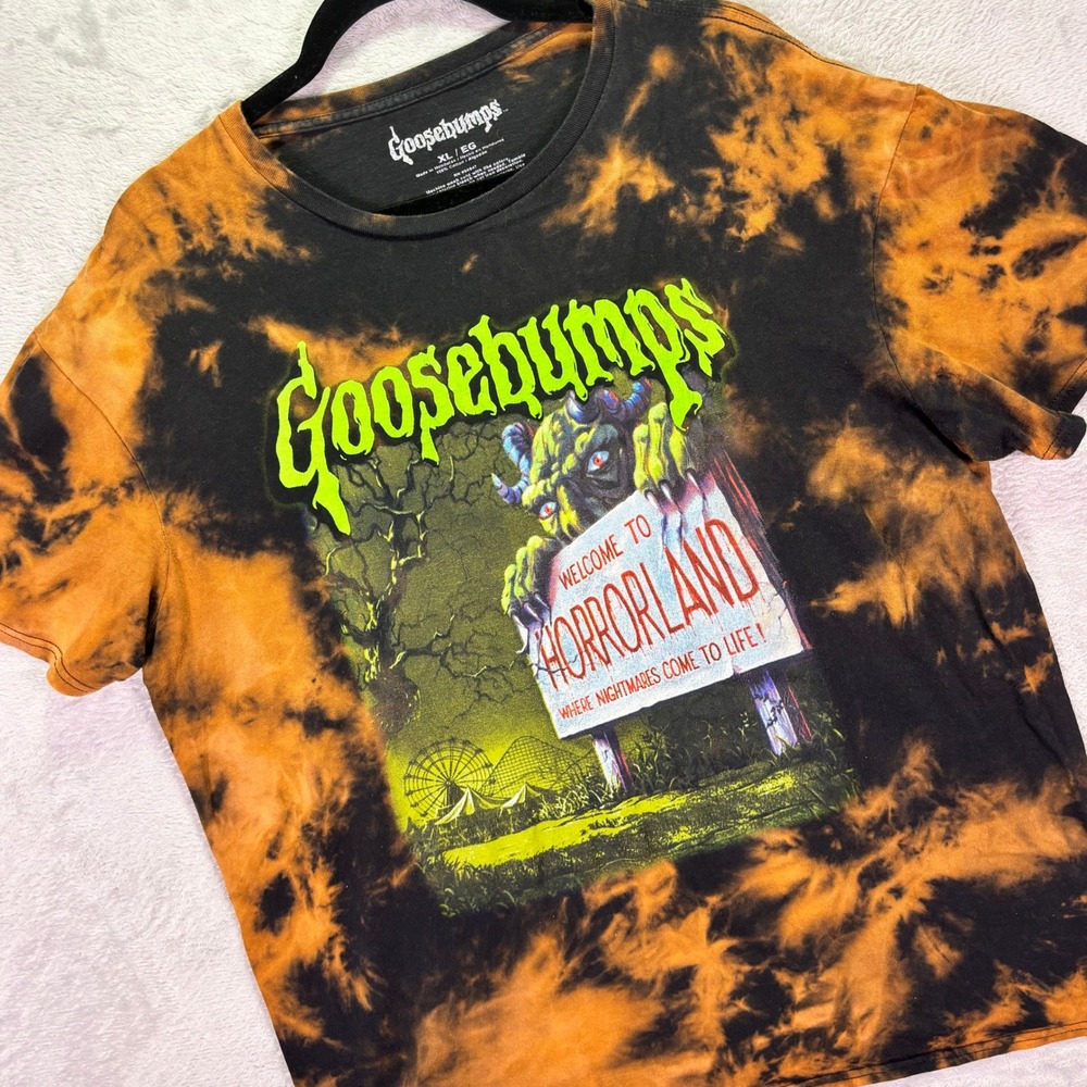 Goosebumps Mens T-Shirt XL Orange Black HorrorLand Acid Wash Graphic Tee